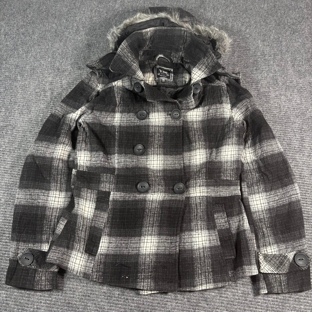 YMI Pea Coat Womens Medium Black White Plaid Exc Faux Fur Hood Double Breast
